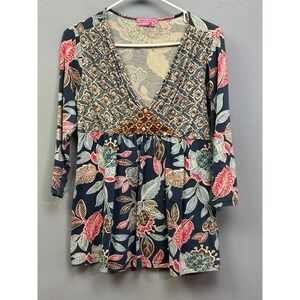 Joyous & Free Tunic Womens Medium Blue Floral Beaded V-Neck 3/4 Sleeve Boho Top